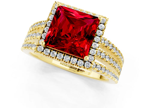 Yellow gold {shape_name} Ruby Halo Engagement Ring with Split Shank and Four-Prong Setting_1
