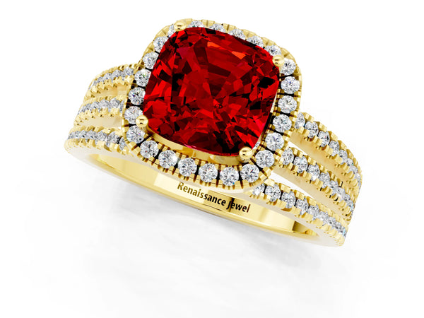 Yellow gold Cushion Cut Ruby Halo Engagement Ring with Split Shank and Four-Prong Setting