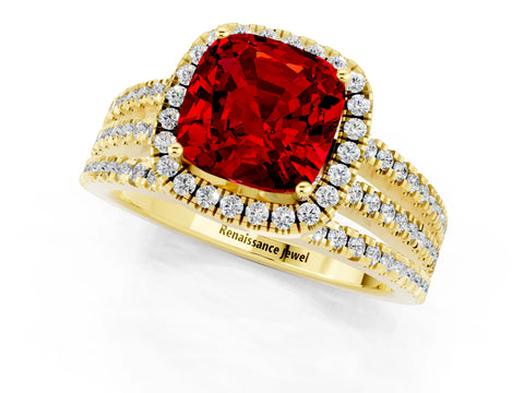 Yellow gold {shape_name} Ruby Halo Engagement Ring with Split Shank and Four-Prong Setting_1