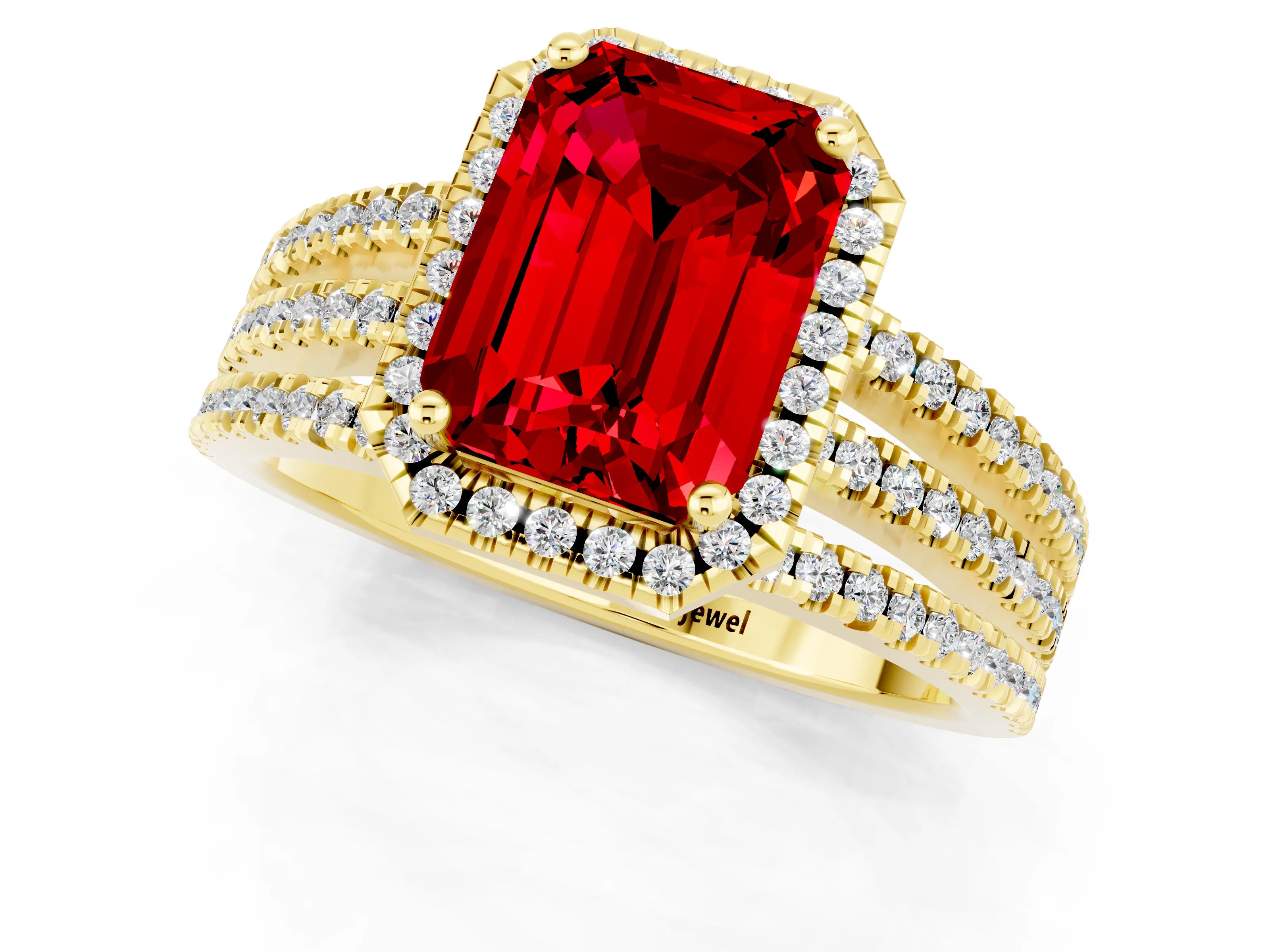 Yellow gold {shape_name} Ruby Halo Engagement Ring with Split Shank and Four-Prong Setting_1
