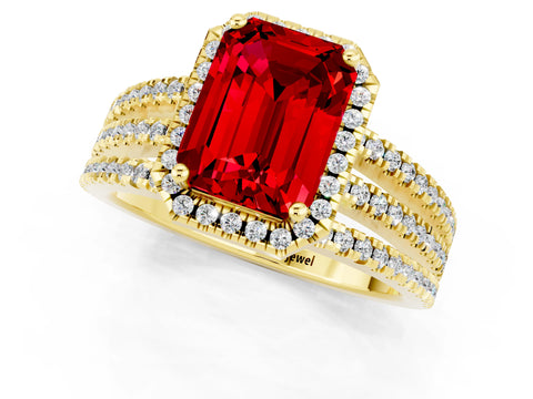 Yellow gold {shape_name} Ruby Halo Engagement Ring with Split Shank and Four-Prong Setting_1