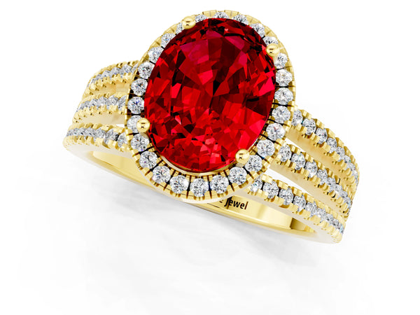Yellow gold Oval Cut Ruby Halo Engagement Ring with Split Shank and Four-Prong Setting