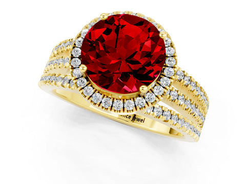 Yellow gold {shape_name} Ruby Halo Engagement Ring with Split Shank and Four-Prong Setting_1