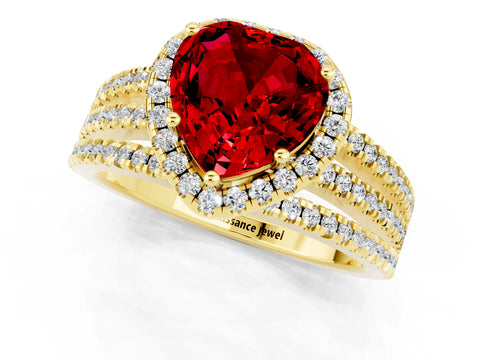 Yellow gold {shape_name} Ruby Halo Engagement Ring with Split Shank and Four-Prong Setting_1
