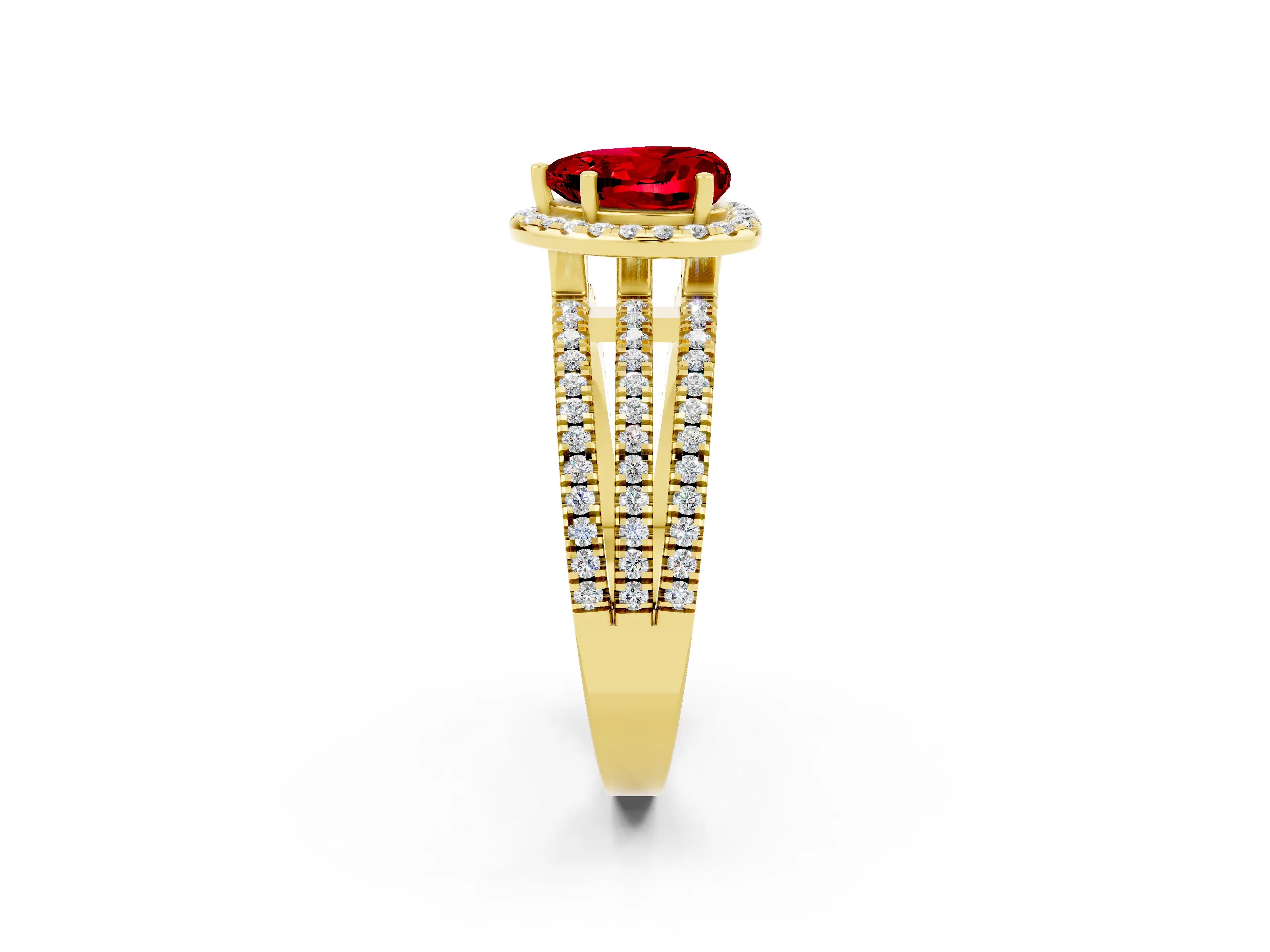 Yellow gold {shape_name} Ruby Halo Engagement Ring with Split Shank and Four-Prong Setting_2
