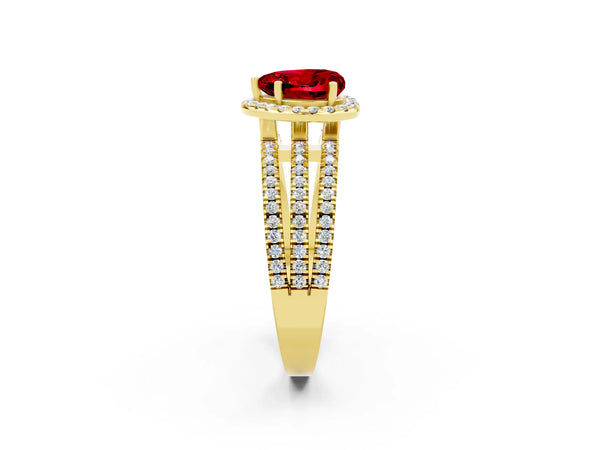 Yellow gold Heart Cut Ruby Halo Engagement Ring with Split Shank and Four-Prong Setting
