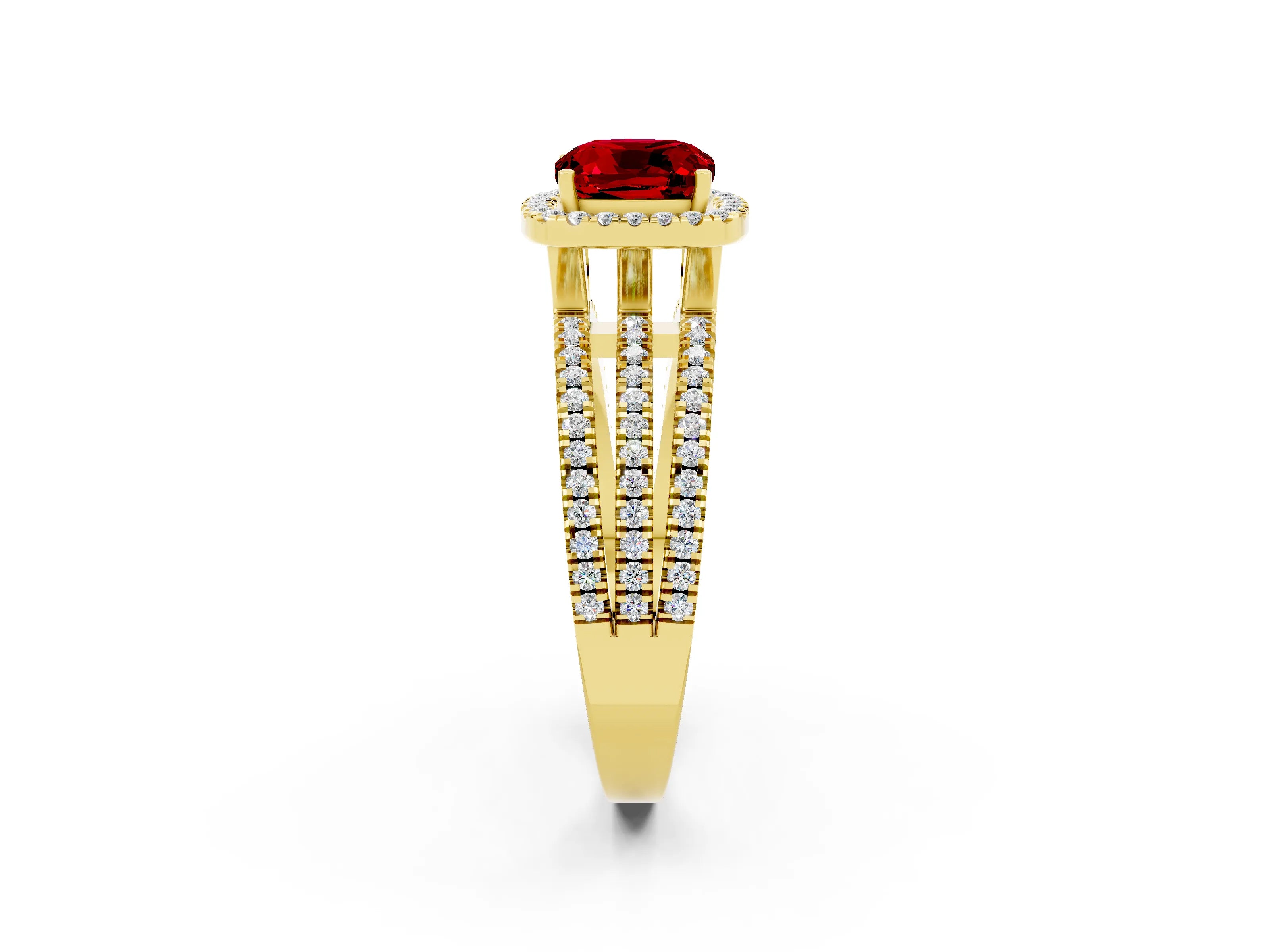 Yellow gold {shape_name} Ruby Halo Engagement Ring with Split Shank and Four-Prong Setting_2