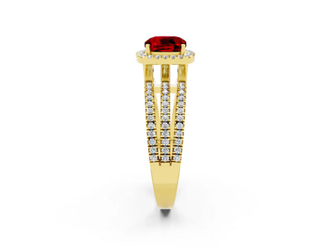 Yellow gold {shape_name} Ruby Halo Engagement Ring with Split Shank and Four-Prong Setting_2