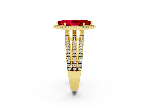 Yellow gold {shape_name} Ruby Halo Engagement Ring with Split Shank and Four-Prong Setting_2