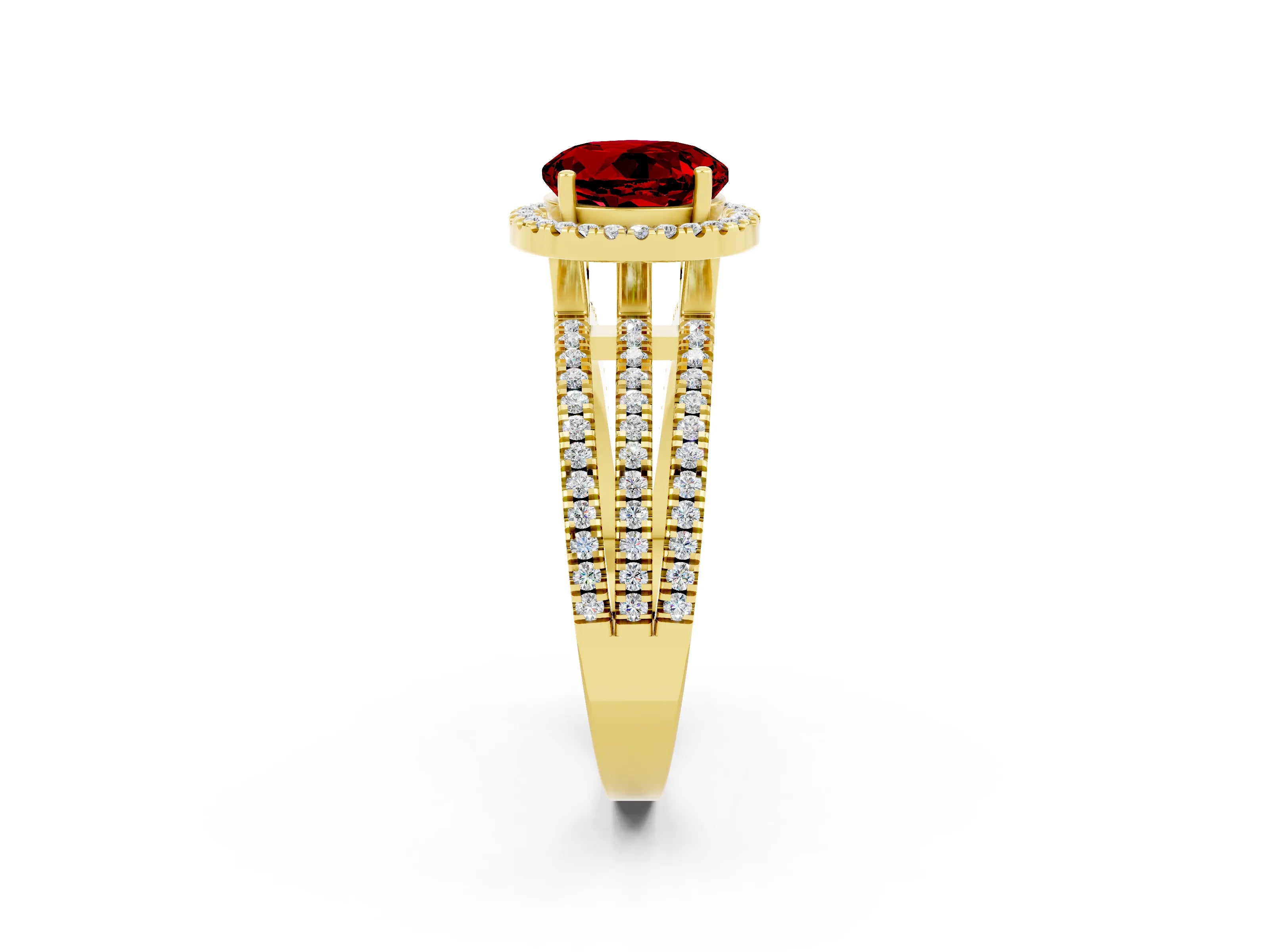 Yellow gold {shape_name} Ruby Halo Engagement Ring with Split Shank and Four-Prong Setting_2