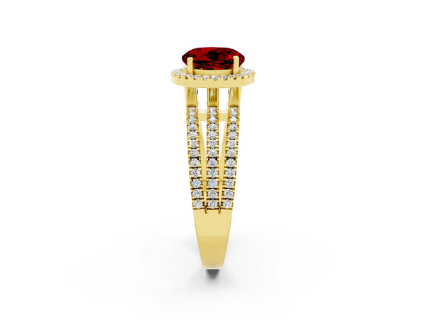 Yellow gold Round Cut Ruby Halo Engagement Ring with Split Shank and Four-Prong Setting