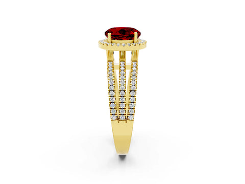 Yellow gold {shape_name} Ruby Halo Engagement Ring with Split Shank and Four-Prong Setting_2