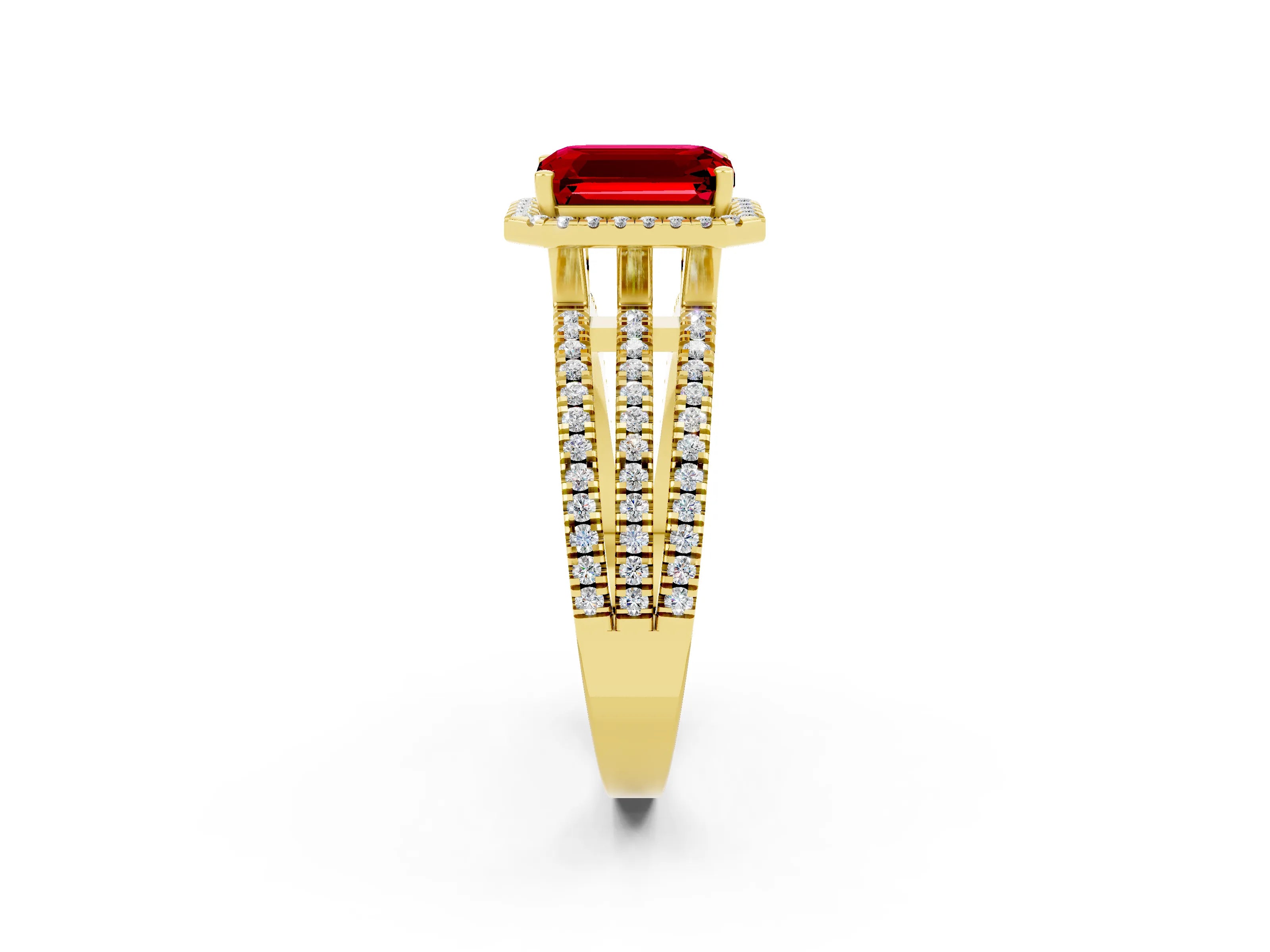 Yellow gold {shape_name} Ruby Halo Engagement Ring with Split Shank and Four-Prong Setting_2
