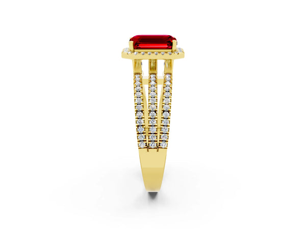 Yellow gold Emerald Cut Ruby Halo Engagement Ring with Split Shank and Four-Prong Setting