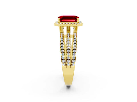 Yellow gold {shape_name} Ruby Halo Engagement Ring with Split Shank and Four-Prong Setting_2