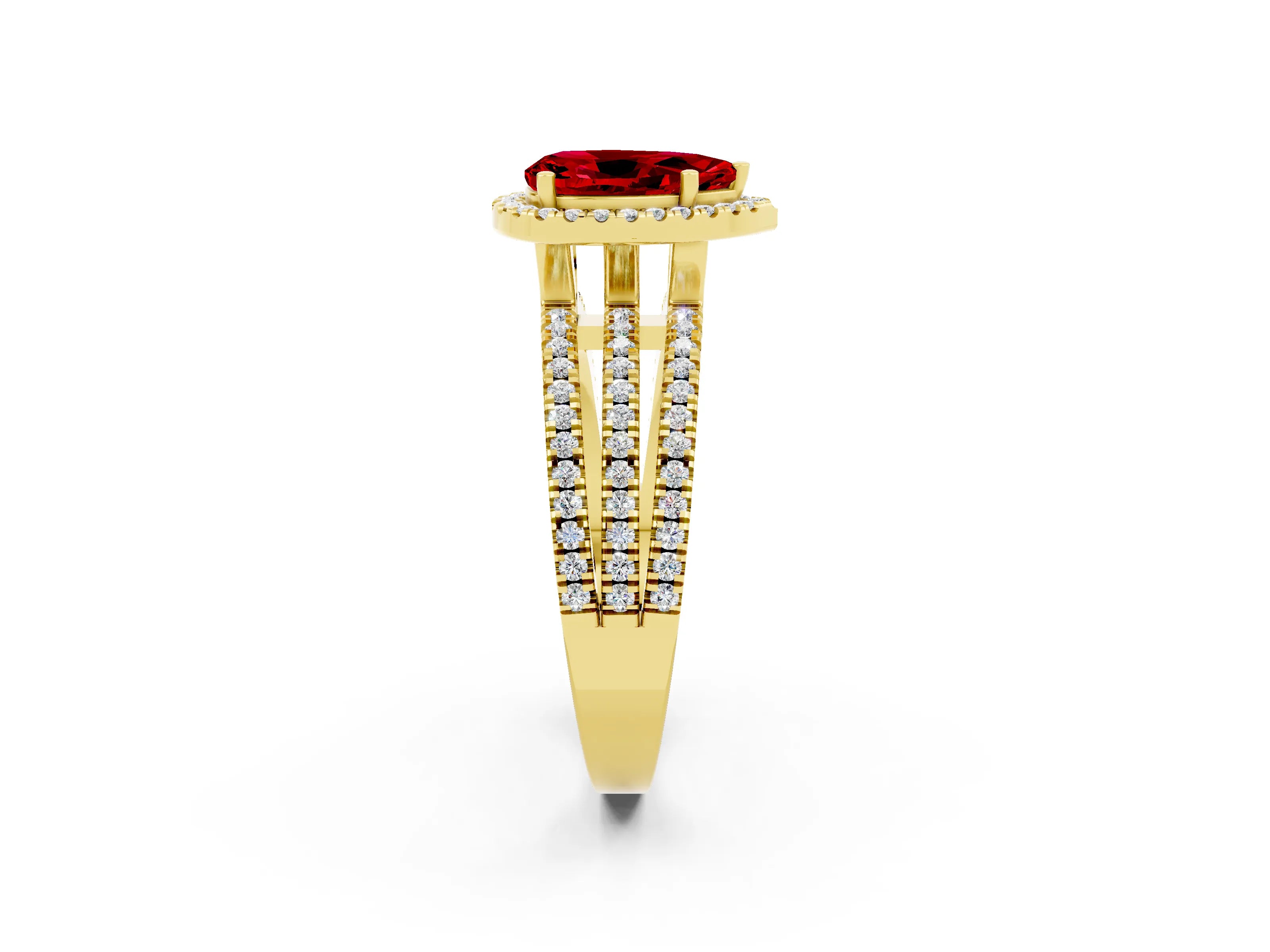 Yellow gold {shape_name} Ruby Halo Engagement Ring with Split Shank and Four-Prong Setting_2
