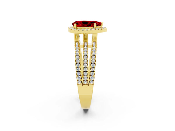 Yellow gold Pear Cut Ruby Halo Engagement Ring with Split Shank and Four-Prong Setting