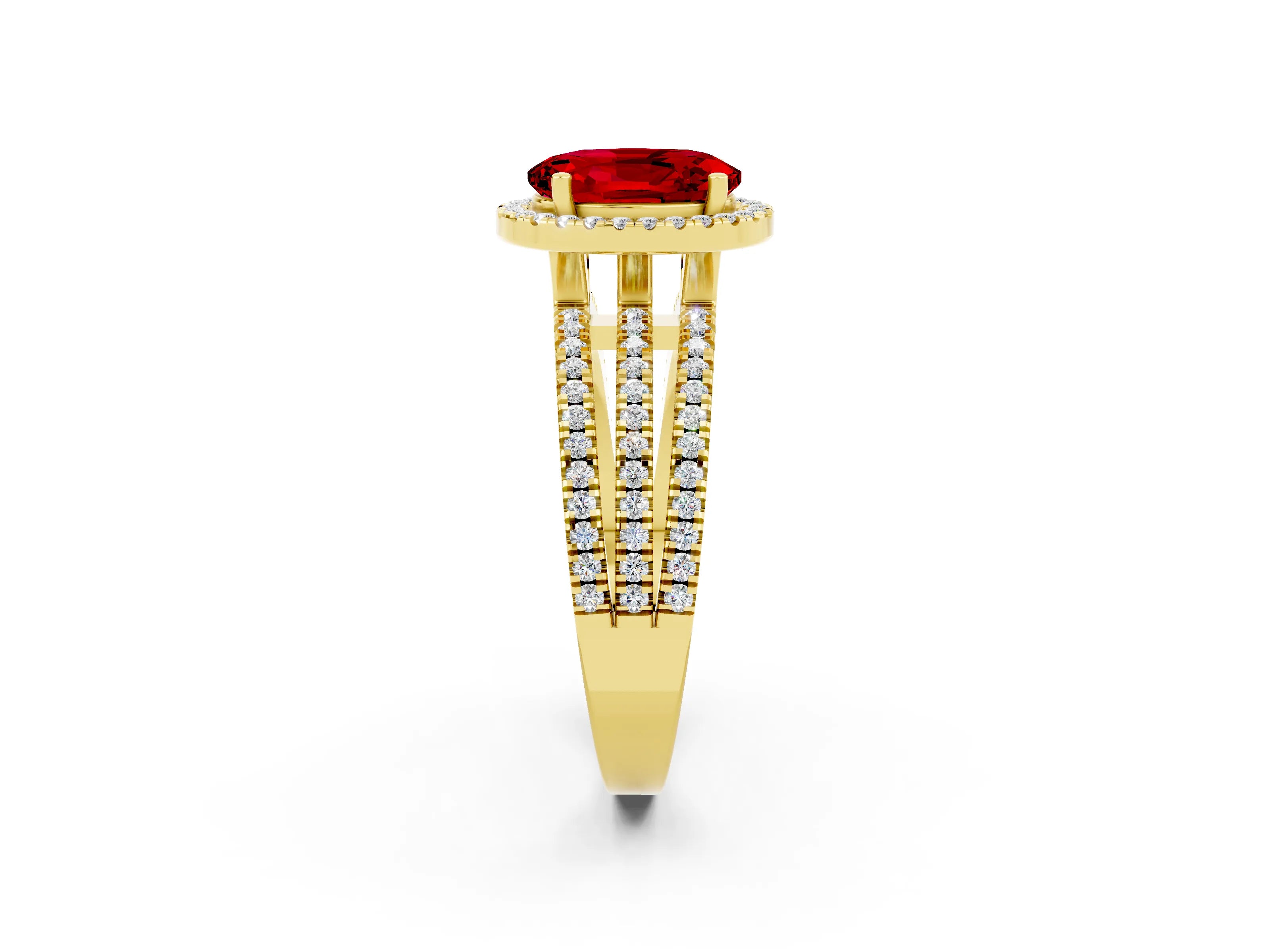Yellow gold {shape_name} Ruby Halo Engagement Ring with Split Shank and Four-Prong Setting_2