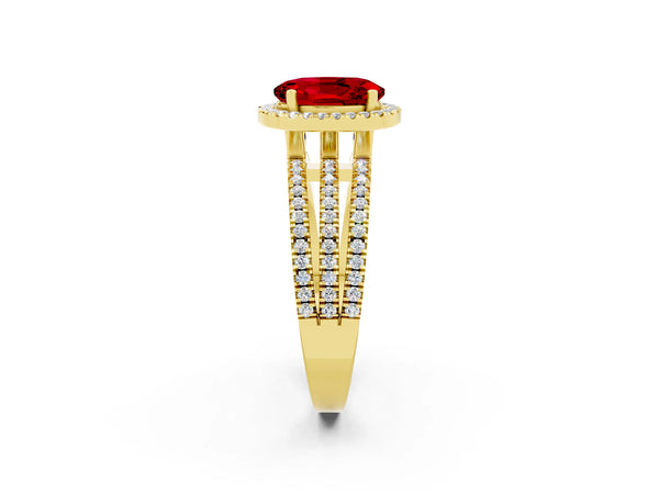 Yellow gold Oval Cut Ruby Halo Engagement Ring with Split Shank and Four-Prong Setting