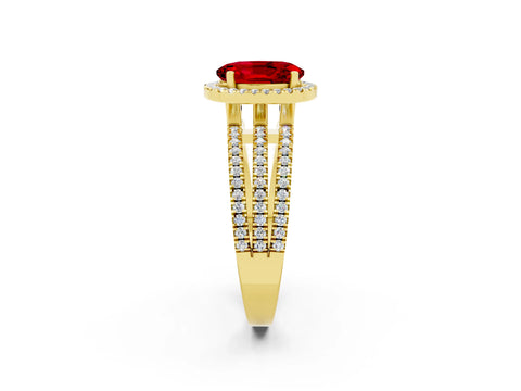 Yellow gold {shape_name} Ruby Halo Engagement Ring with Split Shank and Four-Prong Setting_2
