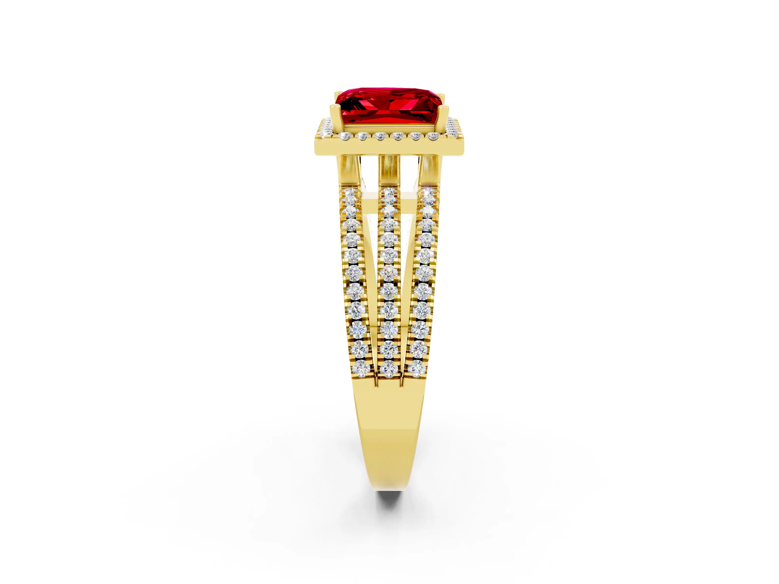 Yellow gold {shape_name} Ruby Halo Engagement Ring with Split Shank and Four-Prong Setting_2