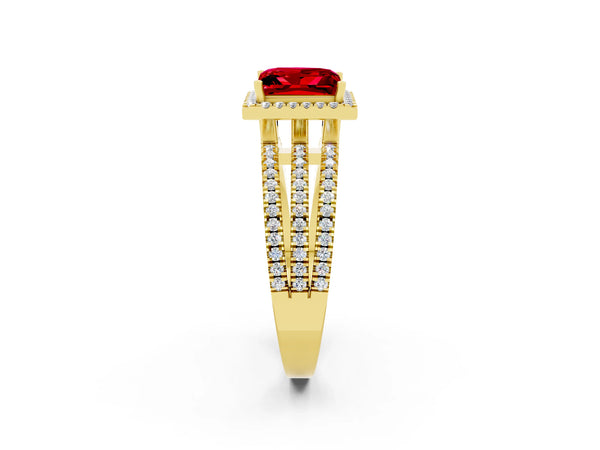 Yellow gold Princess Cut Ruby Halo Engagement Ring with Split Shank and Four-Prong Setting