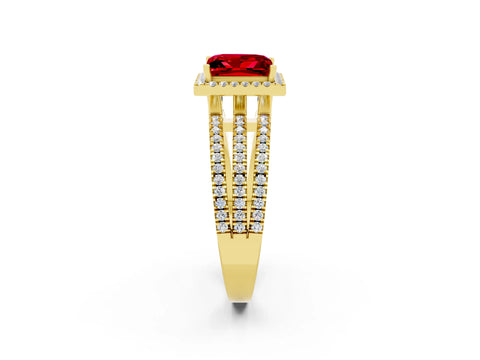 Yellow gold {shape_name} Ruby Halo Engagement Ring with Split Shank and Four-Prong Setting_2