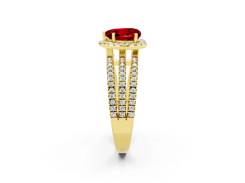 Yellow gold {shape_name} Ruby Halo Engagement Ring with Split Shank and Four-Prong Setting_2