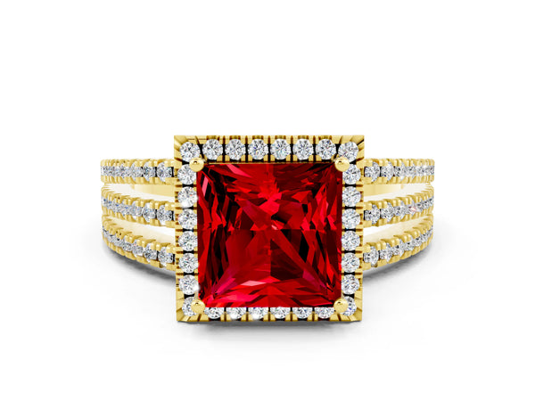 Yellow gold Princess Cut Ruby Halo Engagement Ring with Split Shank and Four-Prong Setting