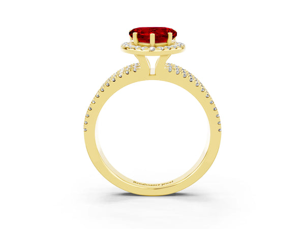 Yellow gold Heart Cut Ruby Halo Engagement Ring with Split Shank and Four-Prong Setting