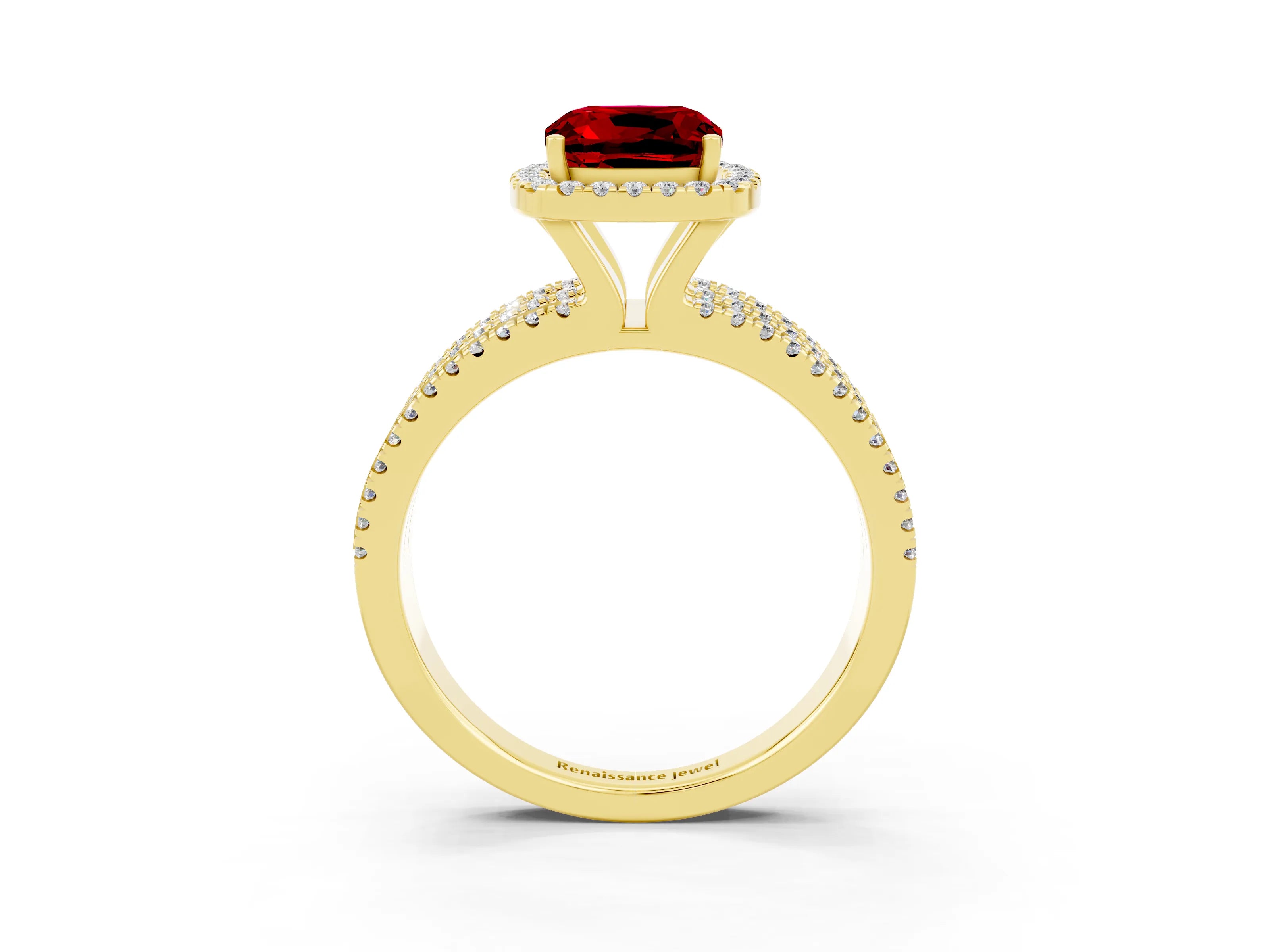 Yellow gold {shape_name} Ruby Halo Engagement Ring with Split Shank and Four-Prong Setting_3