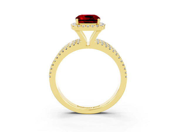 Yellow gold Cushion Cut Ruby Halo Engagement Ring with Split Shank and Four-Prong Setting
