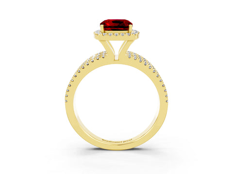 Yellow gold {shape_name} Ruby Halo Engagement Ring with Split Shank and Four-Prong Setting_3