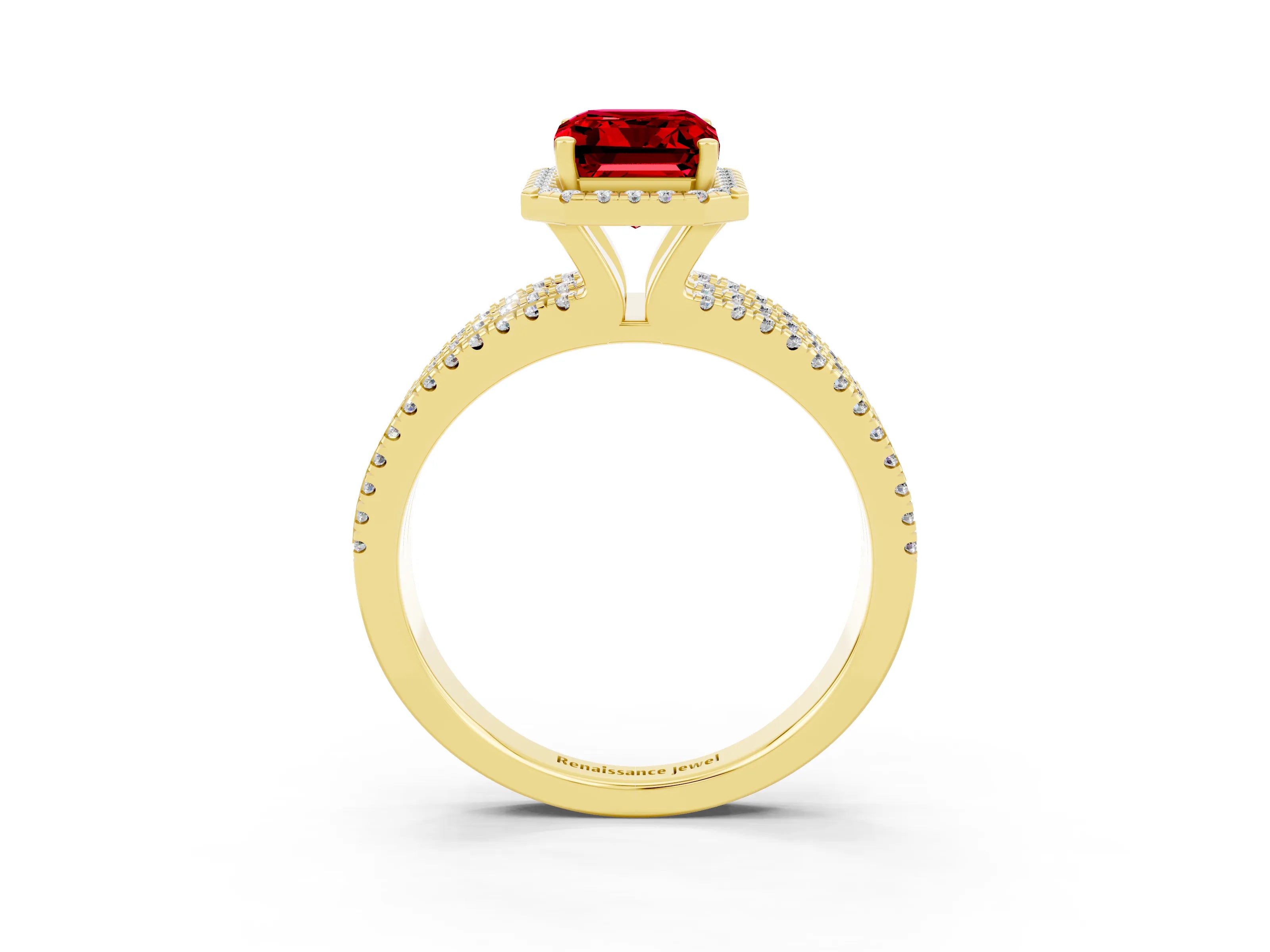 Yellow gold {shape_name} Ruby Halo Engagement Ring with Split Shank and Four-Prong Setting_3