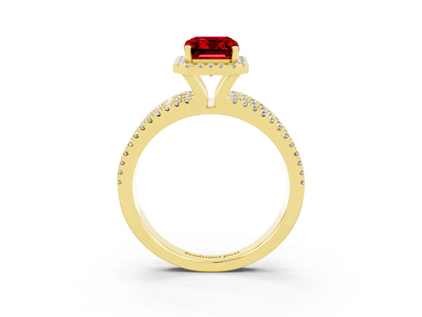 Yellow gold Emerald Cut Ruby Halo Engagement Ring with Split Shank and Four-Prong Setting
