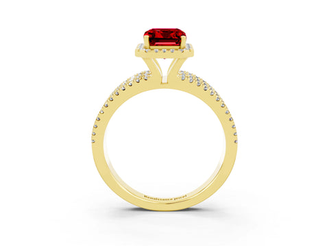 Yellow gold {shape_name} Ruby Halo Engagement Ring with Split Shank and Four-Prong Setting_3