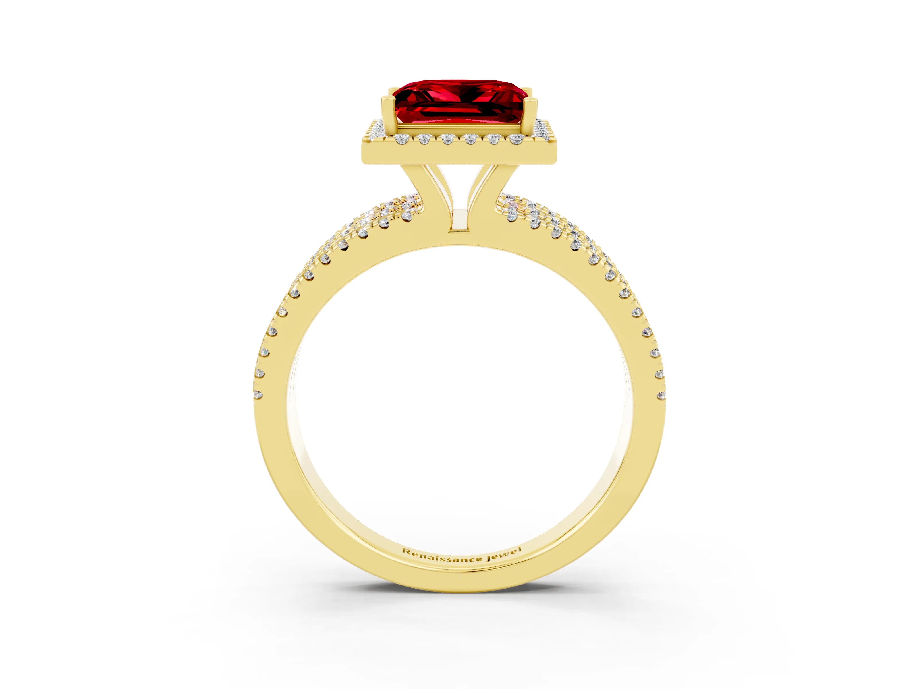 Yellow gold {shape_name} Ruby Halo Engagement Ring with Split Shank and Four-Prong Setting_3
