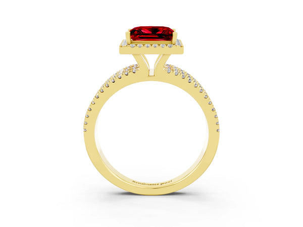 Yellow gold Princess Cut Ruby Halo Engagement Ring with Split Shank and Four-Prong Setting