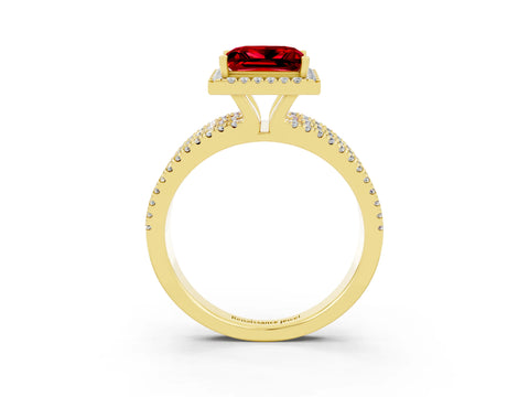 Yellow gold {shape_name} Ruby Halo Engagement Ring with Split Shank and Four-Prong Setting_3