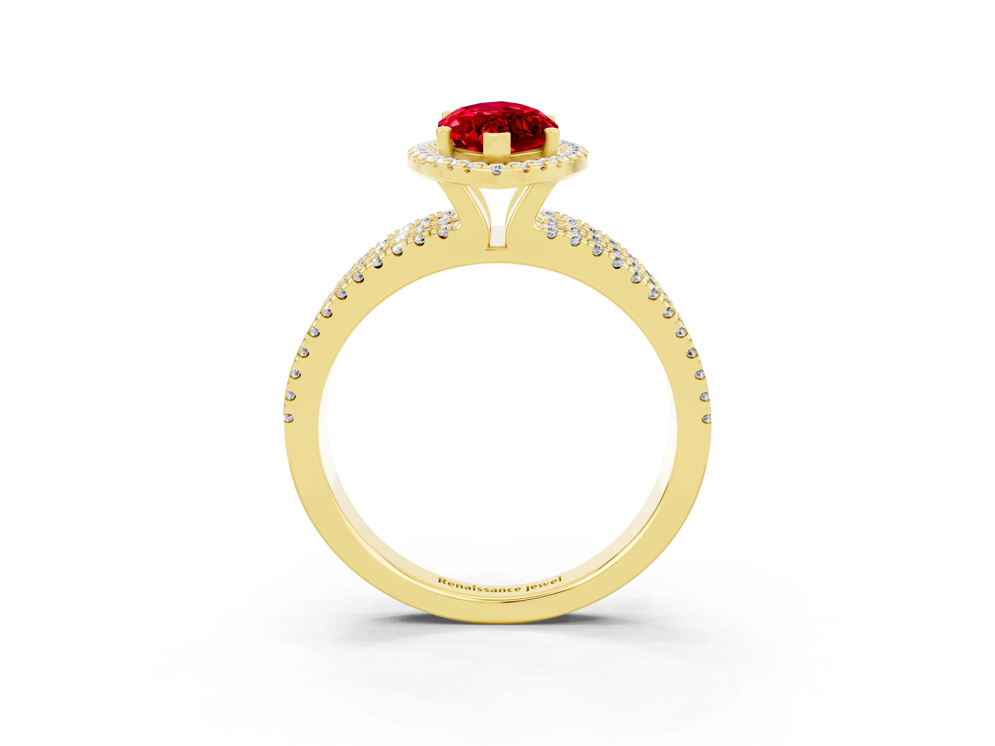 Yellow gold {shape_name} Ruby Halo Engagement Ring with Split Shank and Four-Prong Setting_3