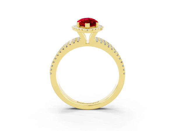 Yellow gold Marquise Cut Ruby Halo Engagement Ring with Split Shank and Four-Prong Setting