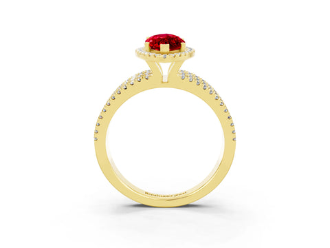 Yellow gold {shape_name} Ruby Halo Engagement Ring with Split Shank and Four-Prong Setting_3