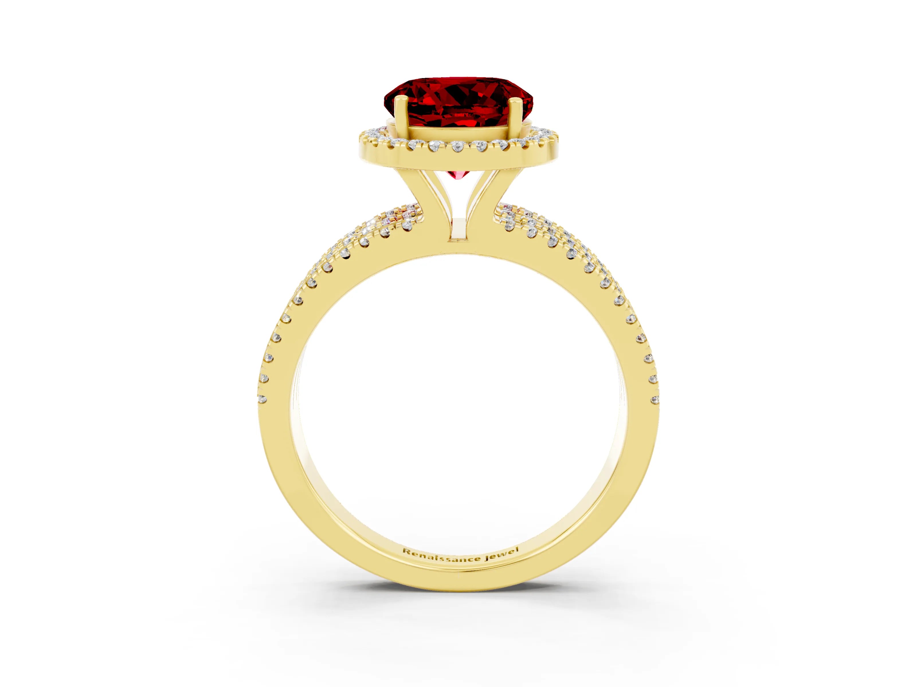 Yellow gold {shape_name} Ruby Halo Engagement Ring with Split Shank and Four-Prong Setting_3