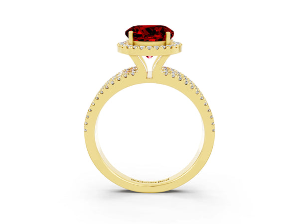 Yellow gold Round Cut Ruby Halo Engagement Ring with Split Shank and Four-Prong Setting