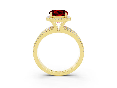 Yellow gold {shape_name} Ruby Halo Engagement Ring with Split Shank and Four-Prong Setting_3