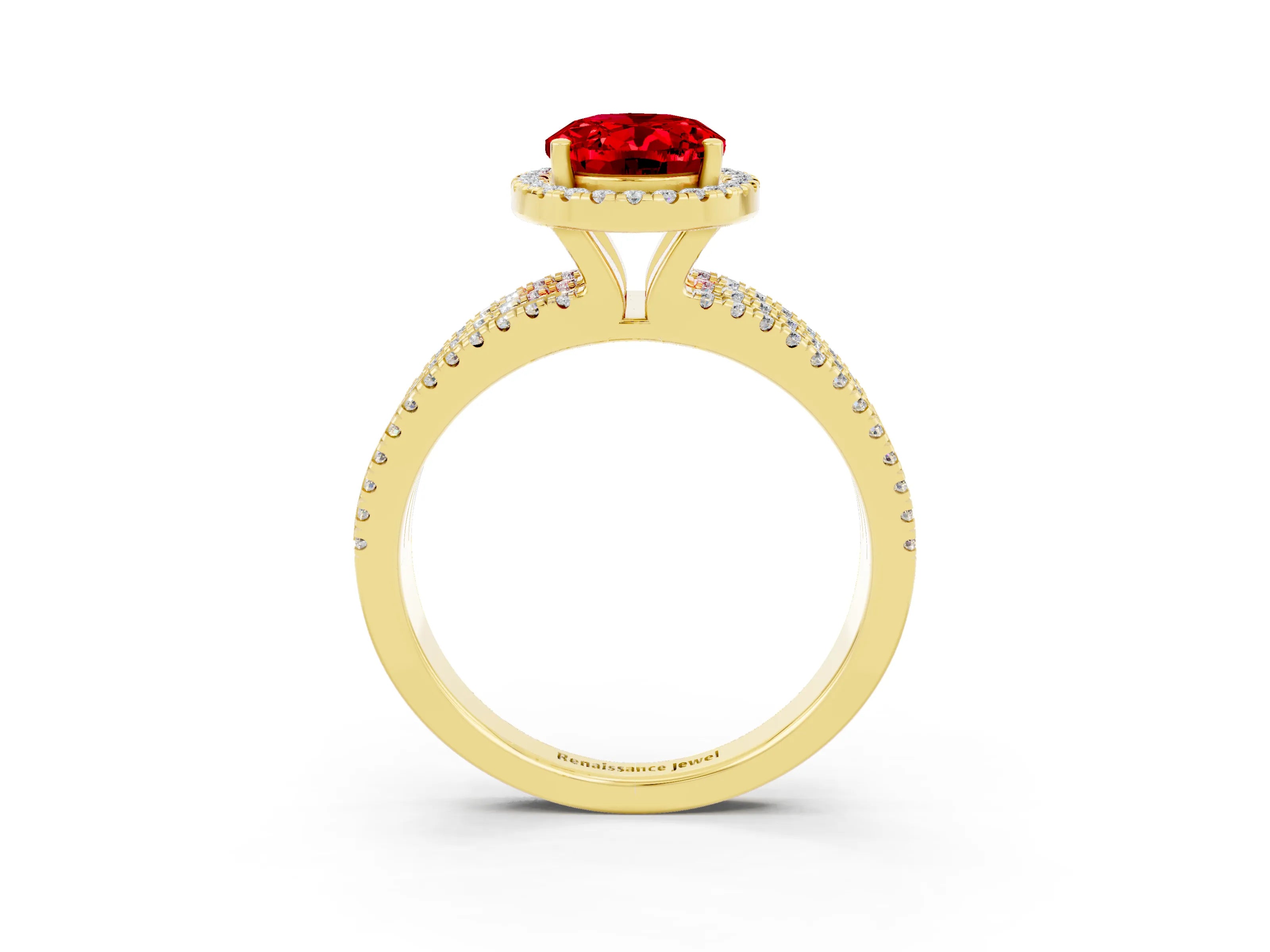 Yellow gold {shape_name} Ruby Halo Engagement Ring with Split Shank and Four-Prong Setting_3