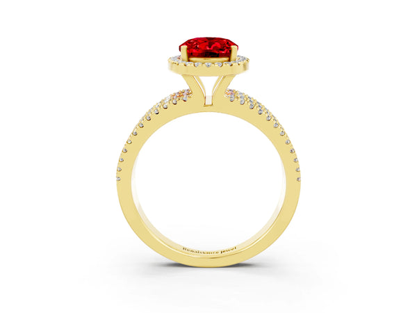 Yellow gold Oval Cut Ruby Halo Engagement Ring with Split Shank and Four-Prong Setting