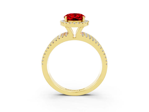 Yellow gold {shape_name} Ruby Halo Engagement Ring with Split Shank and Four-Prong Setting_3