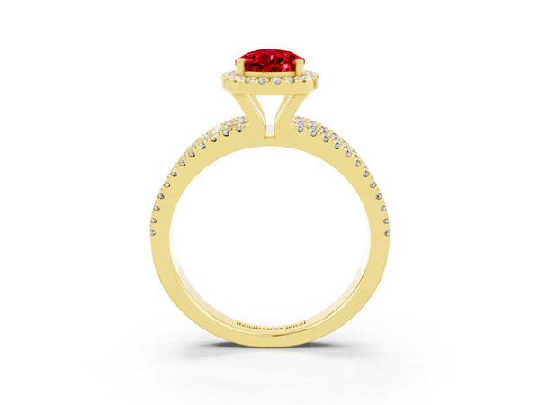Yellow gold Pear Cut Ruby Halo Engagement Ring with Split Shank and Four-Prong Setting