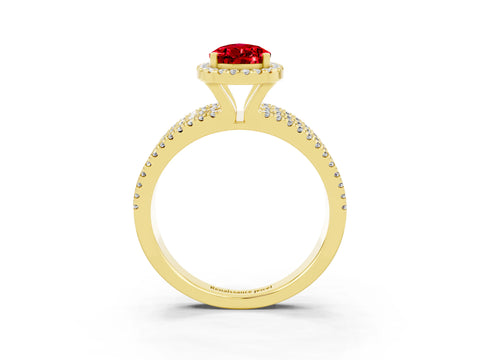 Yellow gold {shape_name} Ruby Halo Engagement Ring with Split Shank and Four-Prong Setting_3